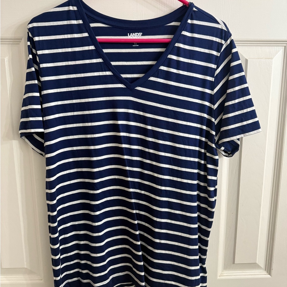 Lands' End Navy and White Striped V-Neck T-Shirt